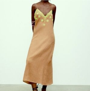 ZARA WOMEN TAN EMBROIDERED LINENLONG DRESS